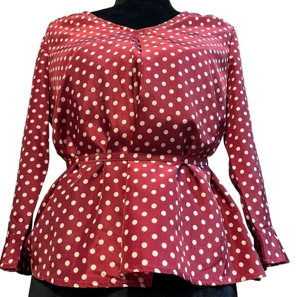 Skies Are Blue brick red and tan polka dot tie waist short length blouse size SP - Picture 5 of 14